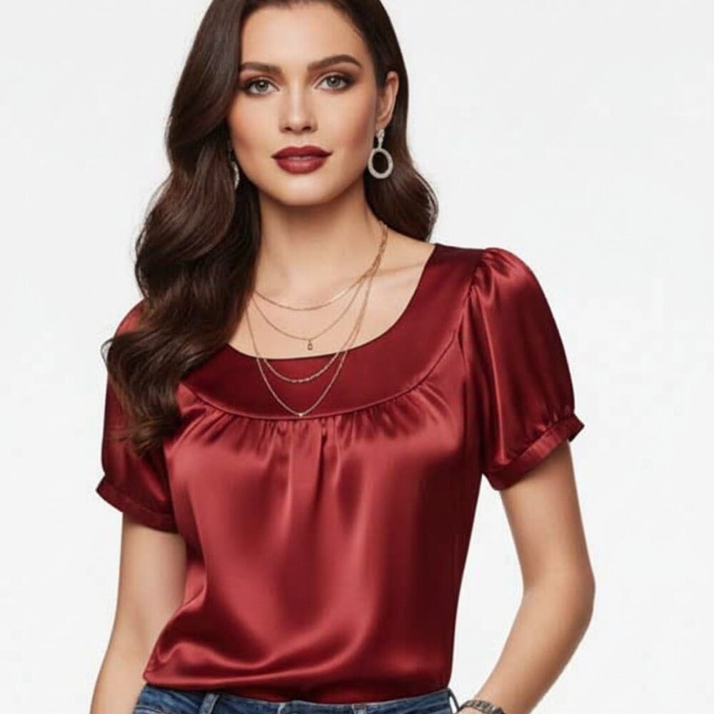 Rampage Red Satin Peplum Short Sleeve Top - Medium